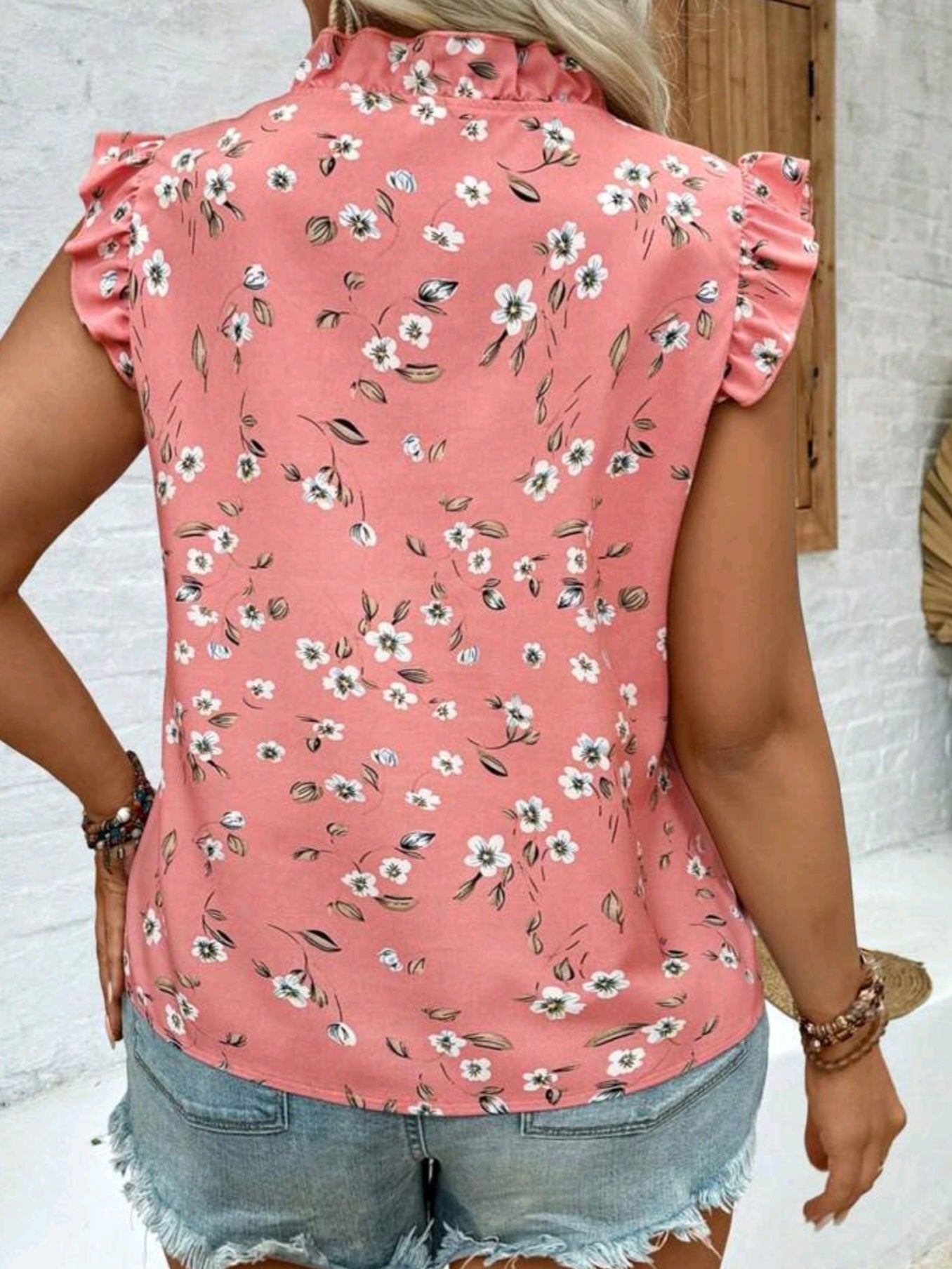 #9951  Ruffle Hem Ditsy Floral Flutter Sleeves Blouse