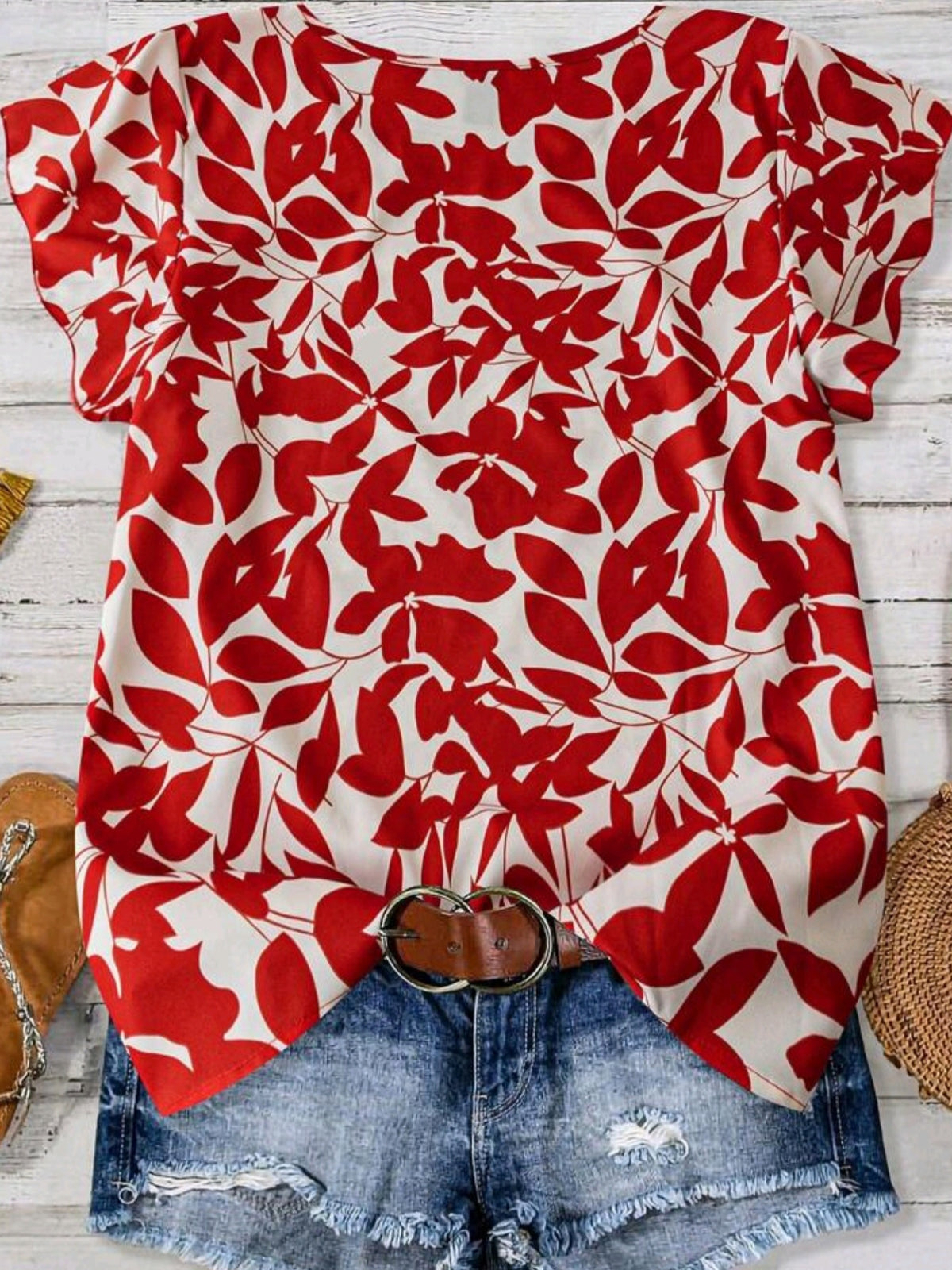 1772 V-Neck Cap Sleeve Ruffle Sleeve Blouse