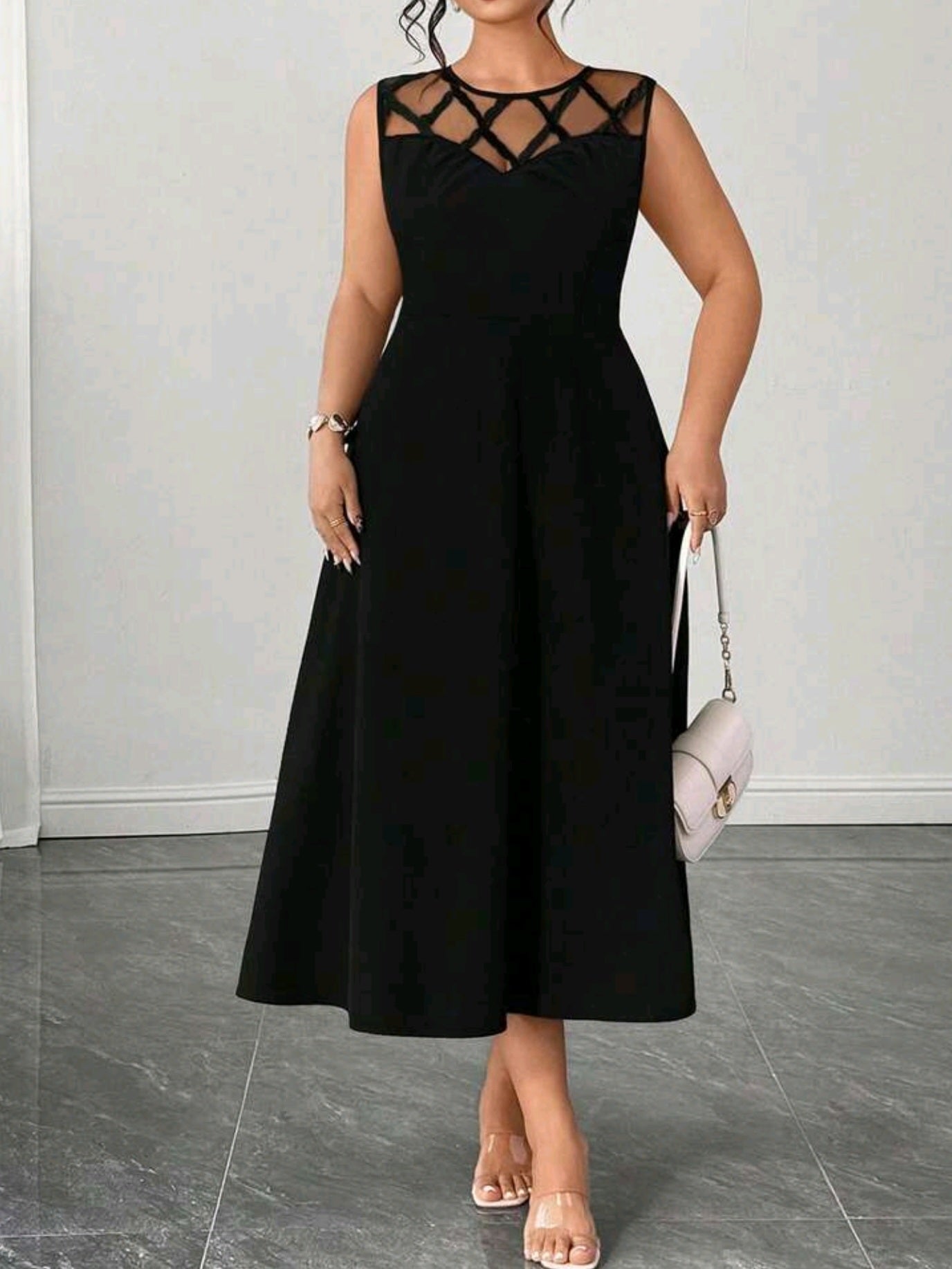 3387 Mesh Patchwork Round Neck Sleeveless Dress