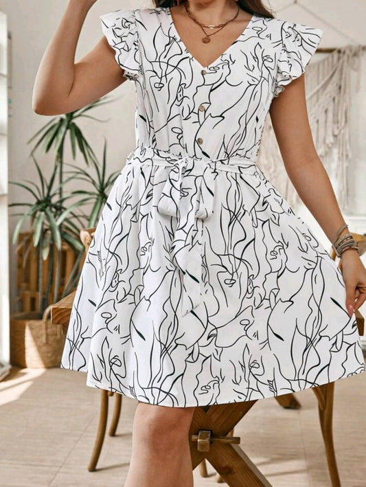 S #7076 Pattern Cap Sleeve Tie Waist Dress