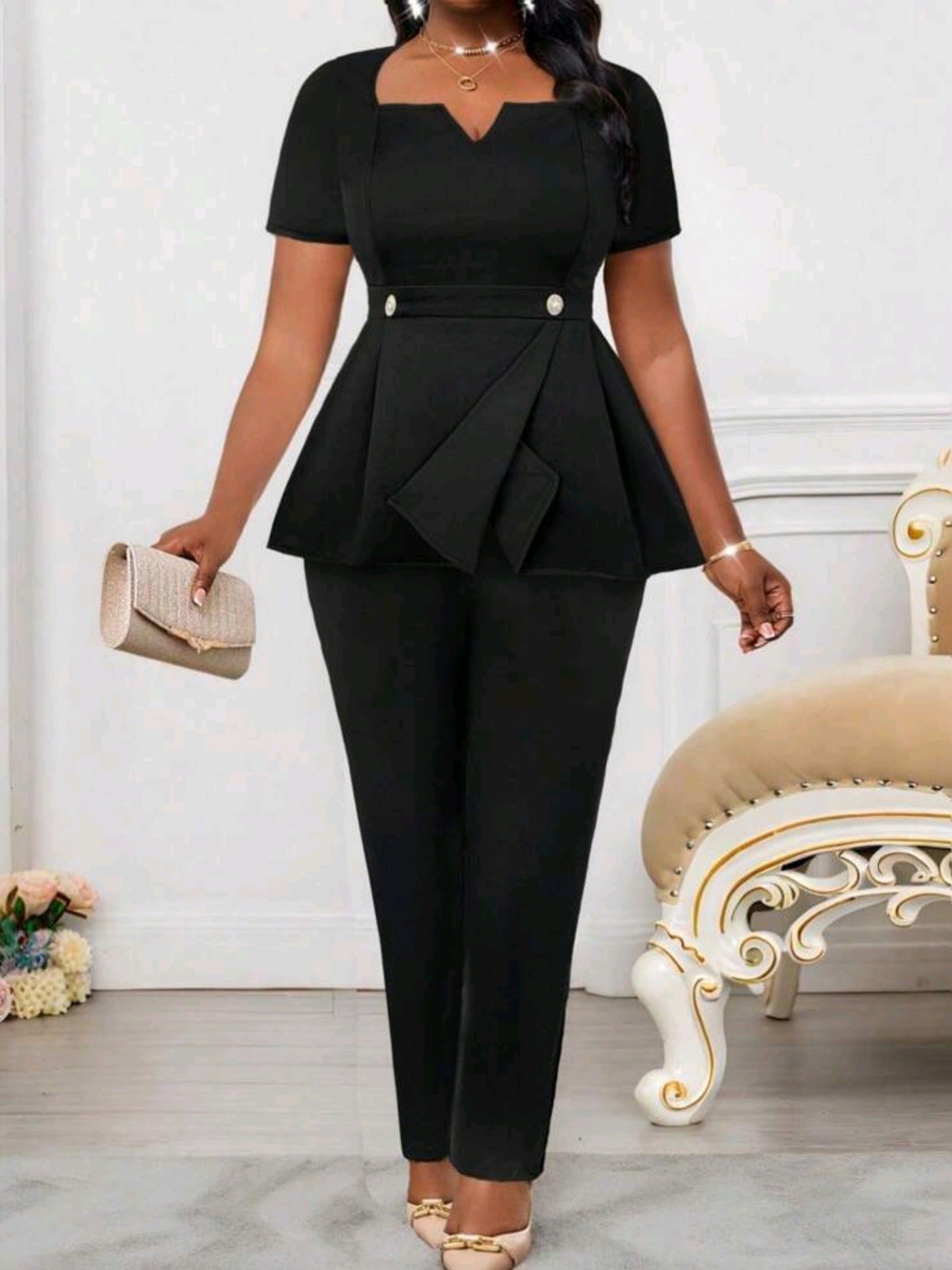 4691 2 pc V-Neck Short-Sleeved Waist Button Asymmetrical Hem Top Suit Pants