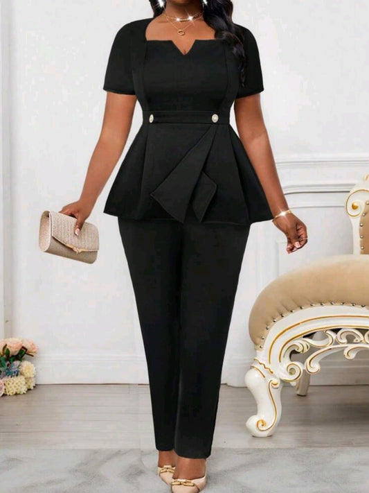 4691 2 pc V-Neck Short-Sleeved Waist Button Asymmetrical Hem Top Suit Pants