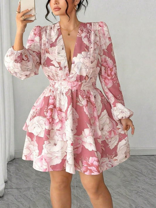 6082 Floral V-Neck Petal Sleeve Double Ruffle Hem Dress