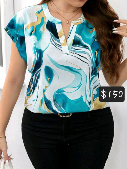 #6575 V-Neck Short Sleeve Printed Casual Shirt