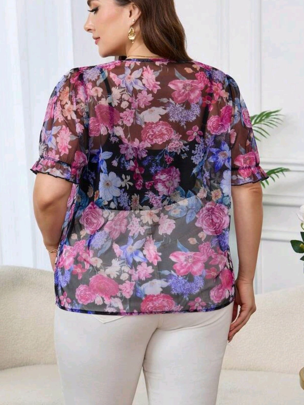9543 Floral Print Ruffle Hem Blouse (fully see through)