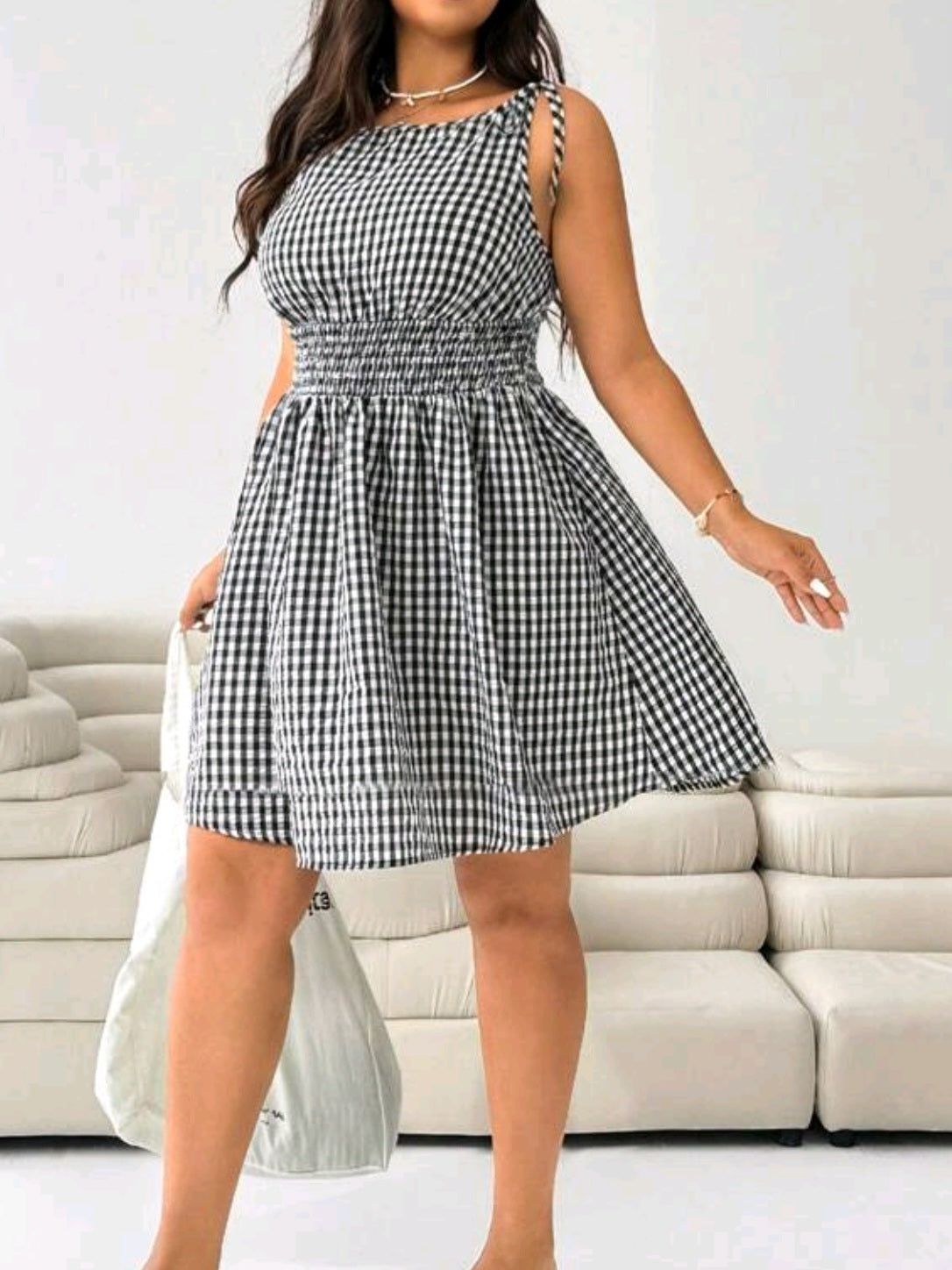 2633 Gingham Plaid Tie-Shoulder Shirred Waist Dress