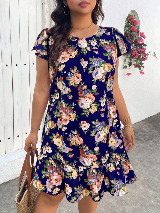 3340 Flower Print Ruffle Hem Dress