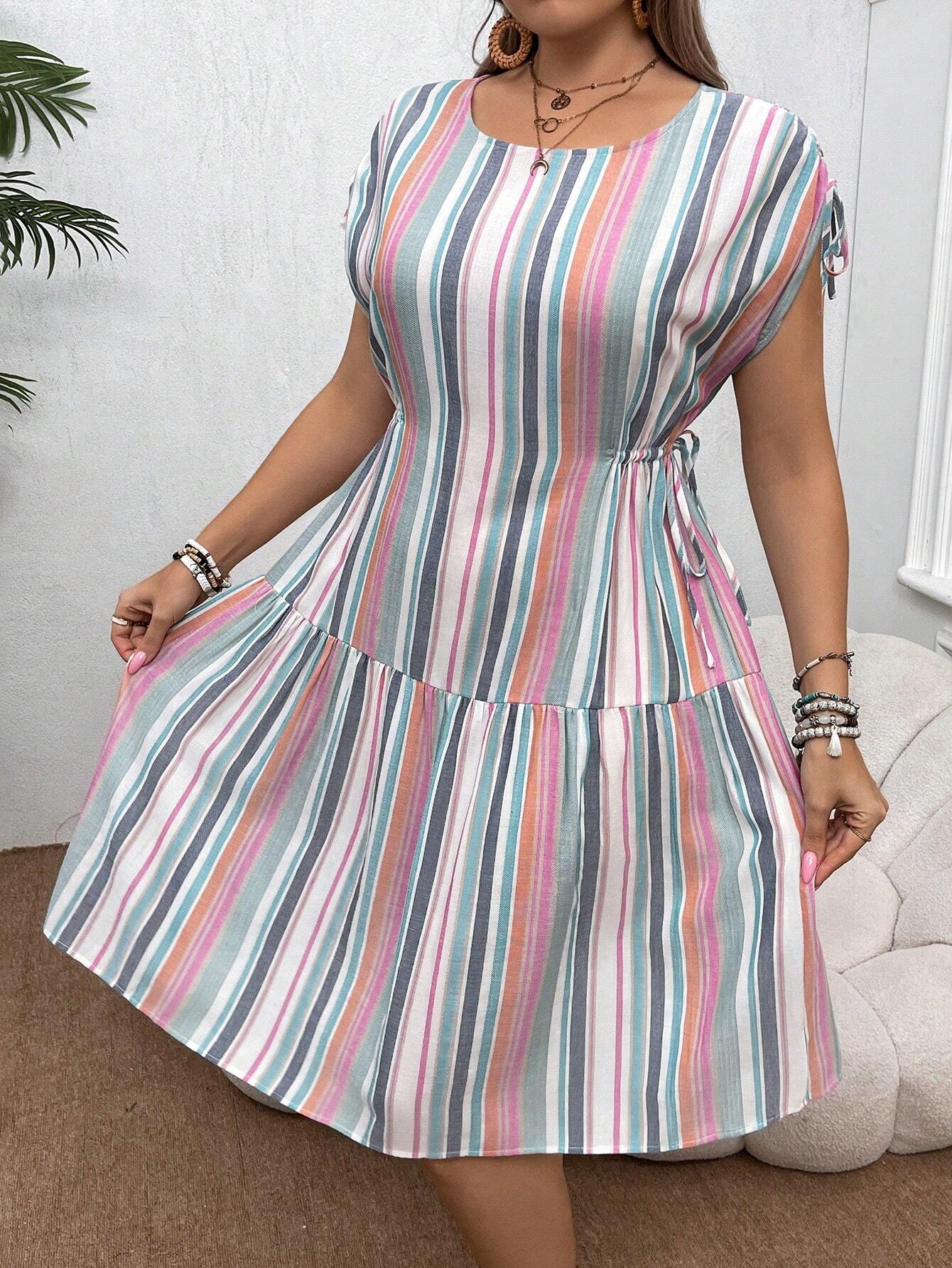 3650 Boho Striped Pocket Drawstring Midi Dress