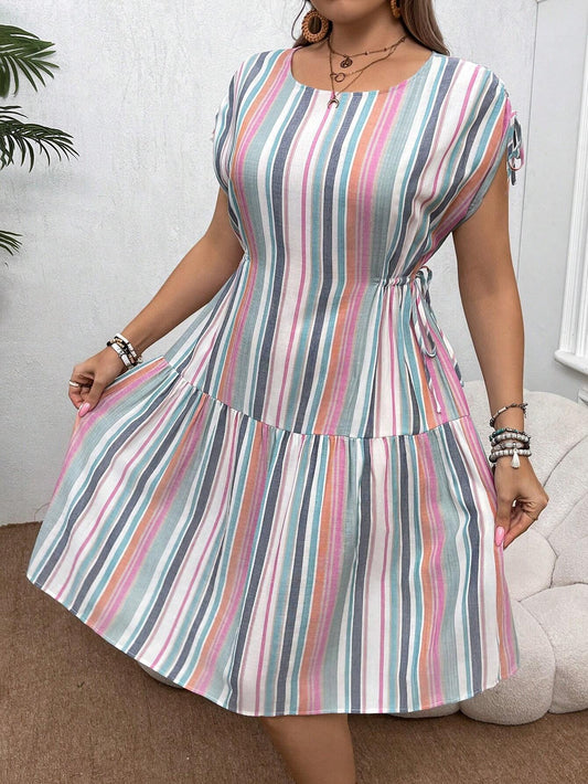 3650 Boho Striped Pocket Drawstring Midi Dress