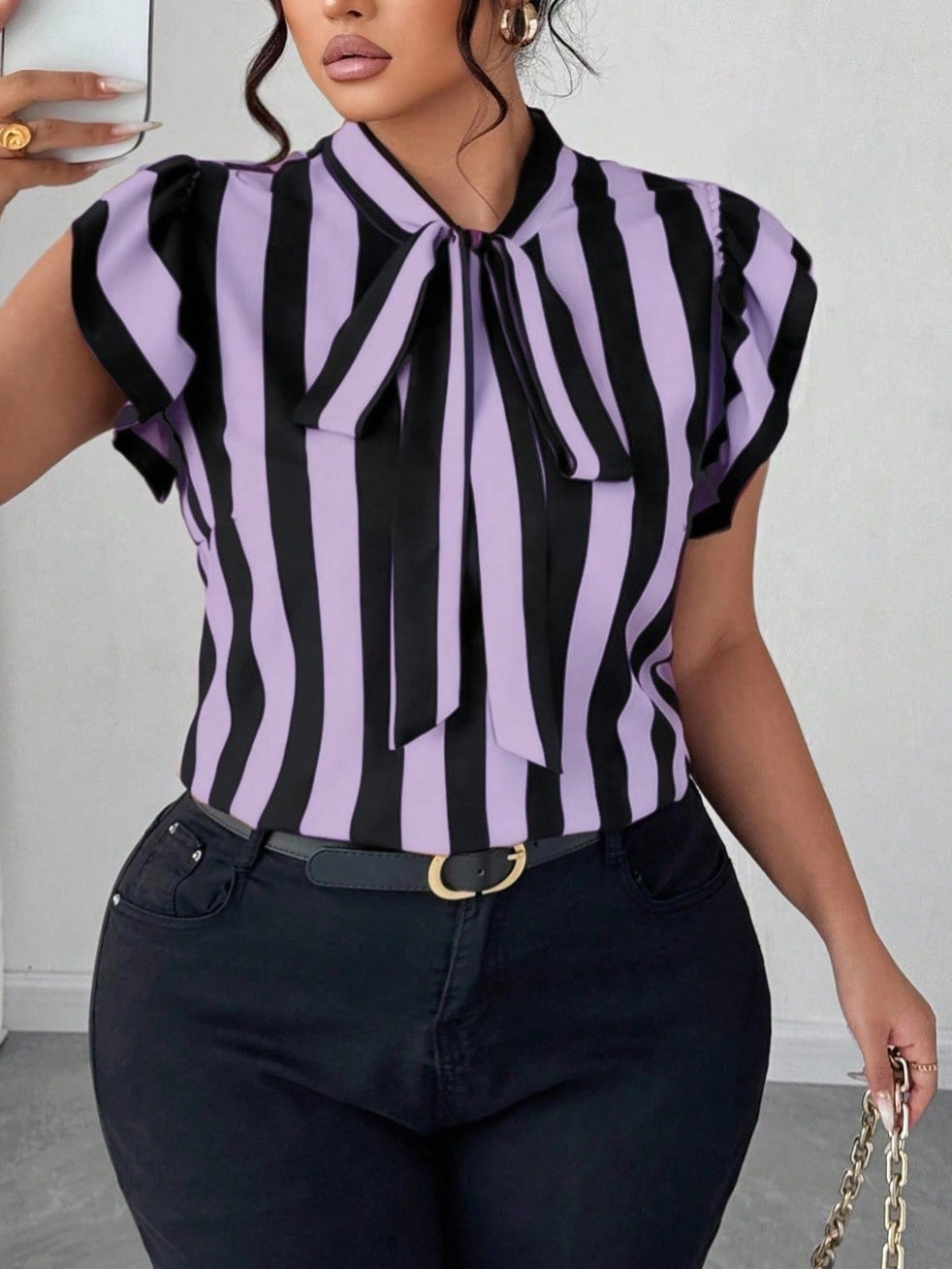 0415 Striped Tie Neck Cap Sleeve Blouse