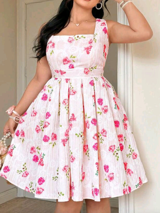 3852 Floral Print Pleated Dress