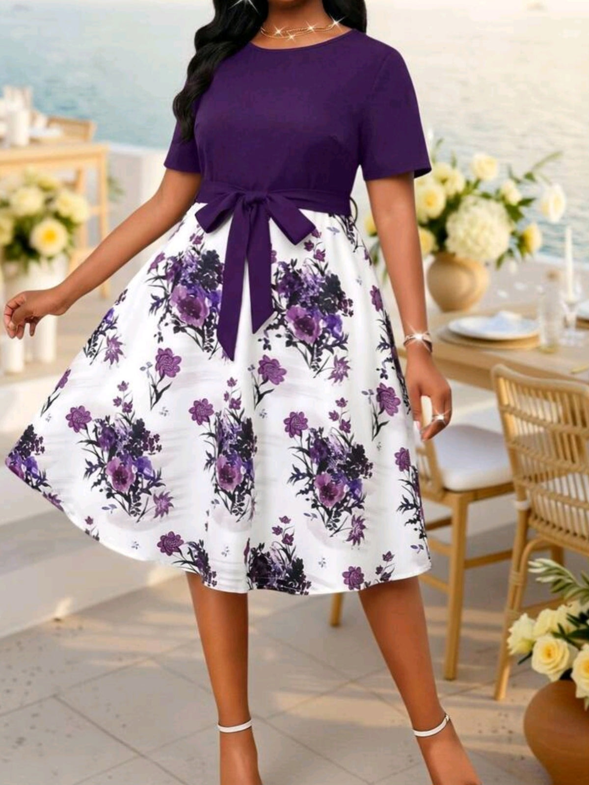6551 Round Neck Flared Belted Dress