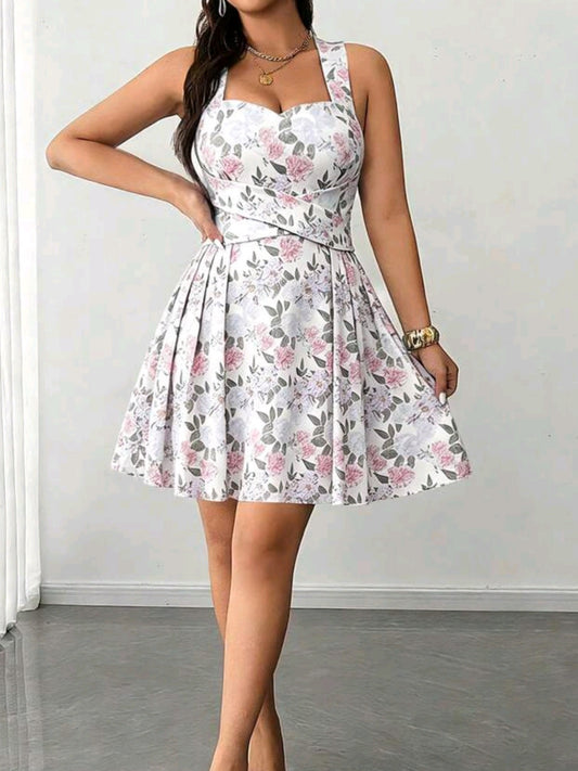 4580 Floral Print High Elastic Fabric Spaghetti Strap Wrap Tie Back Dress
