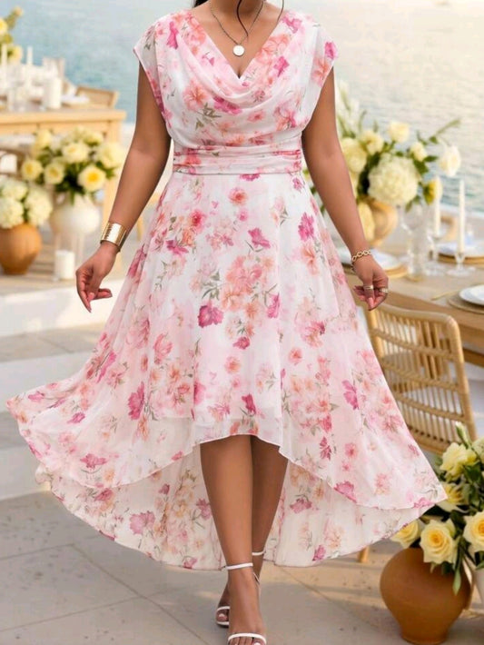 2324 Cowl Neck Floral Print Pleated Waist Defining Dress