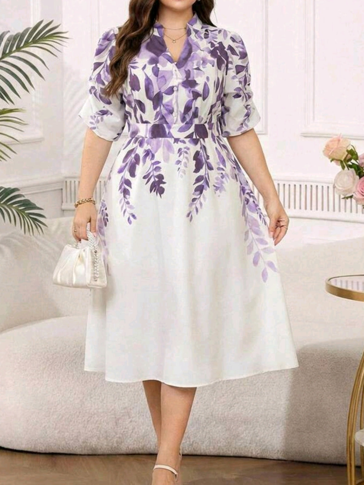 09549 Floral Print Notched Neck Dress