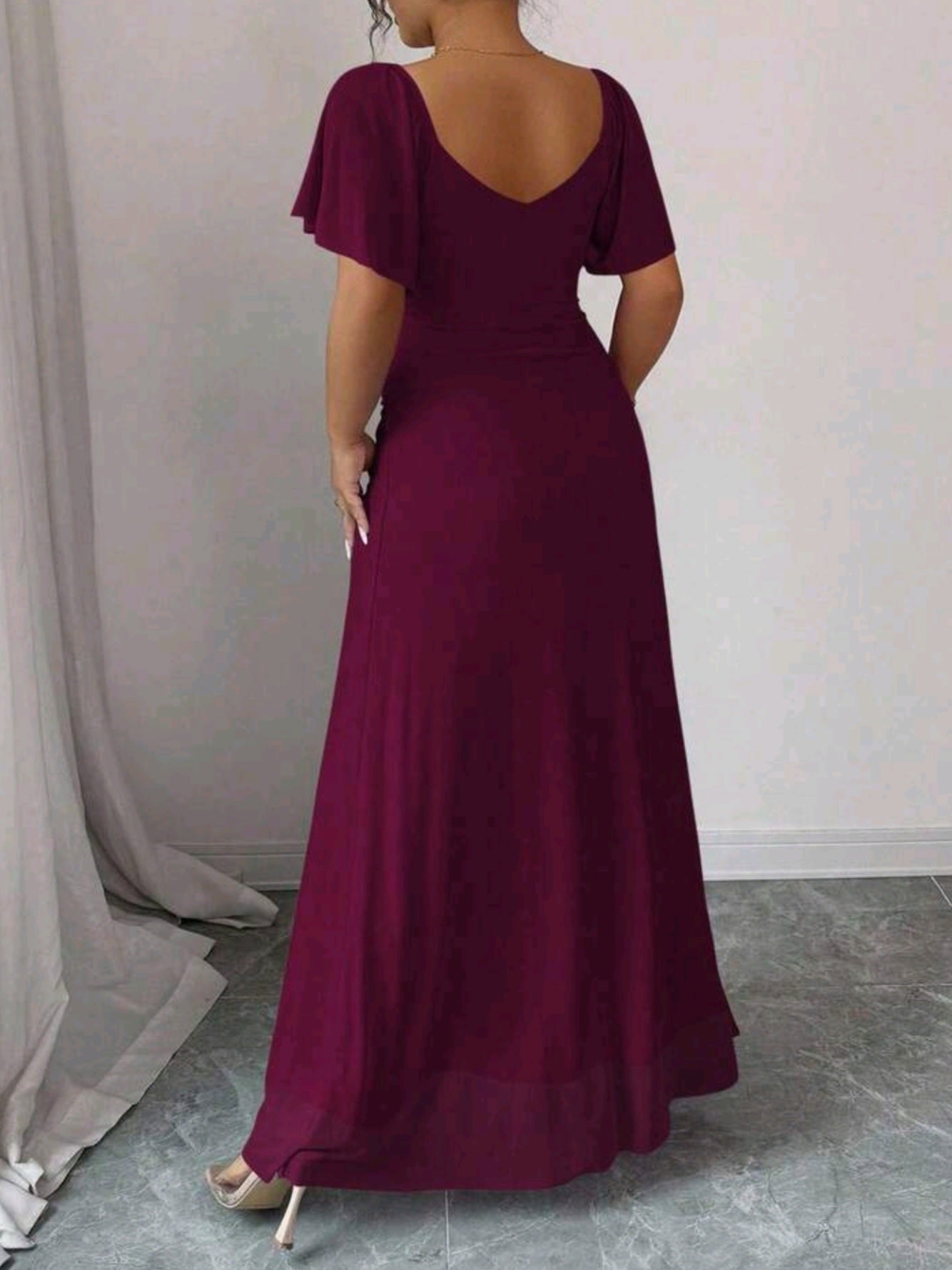 7055 V-Neck Ruffle Sleeve Waist Pleated Slit Dress