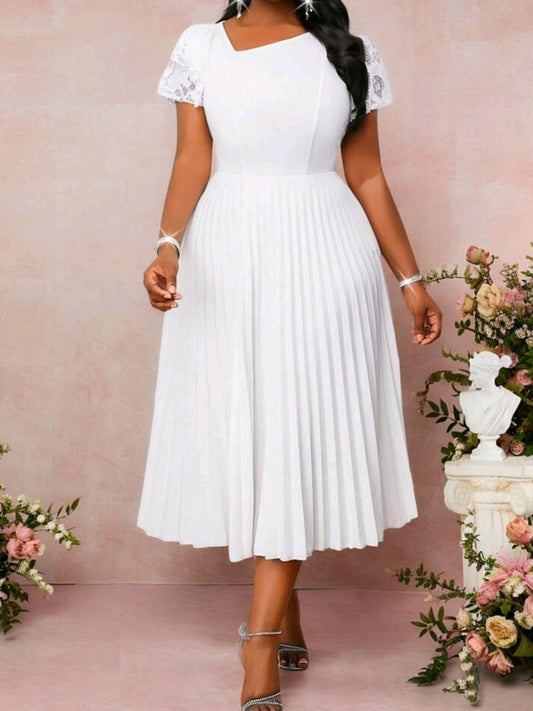 #3442 Asymmetric Collar Short Sleeve Pleated Hem Dress