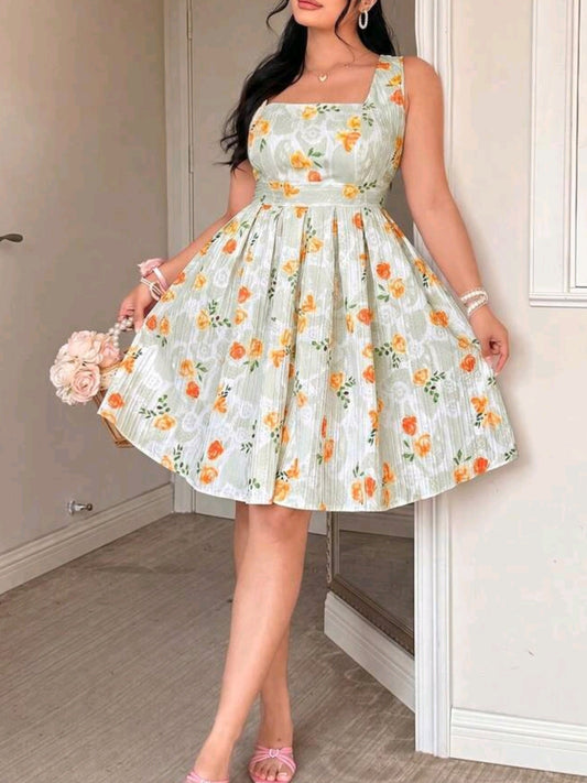 0606 Floral Print Pleated Dress
