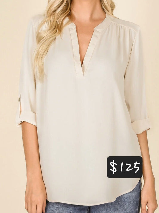 Zenana Outfitters - 3/4 Sleeve V Neck Blouse - taupe colour