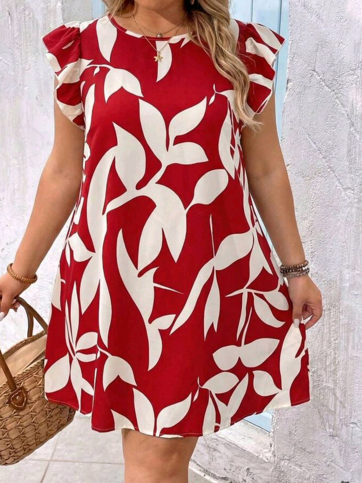 5306 Leaf Print Ruffle Hem Dress