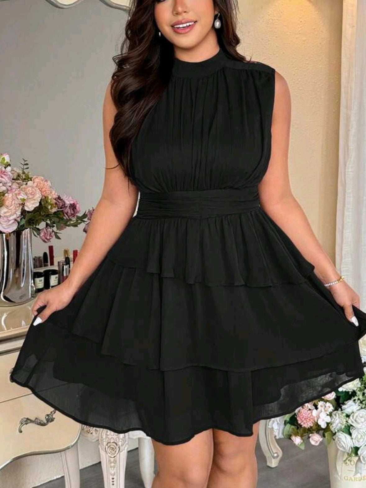 1319 Collar Waist Gathered Layered Ruffle Hem Dress
