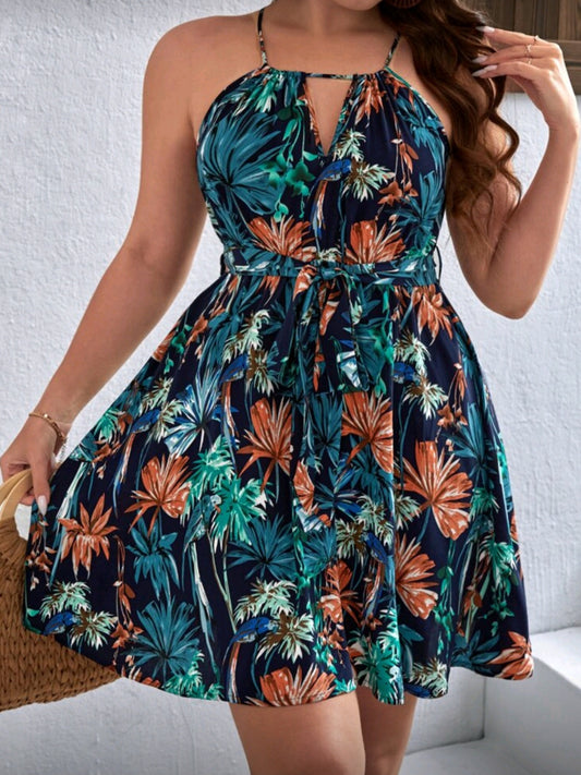 7743 Tropical Print Cut Out Front Belted Dress