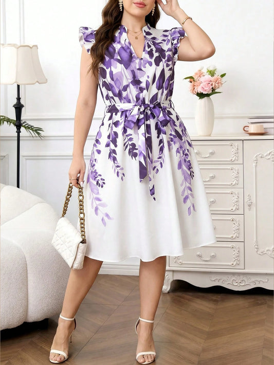 6955 Graphic Print Notched Neck Ruffle Trim Belted Dress