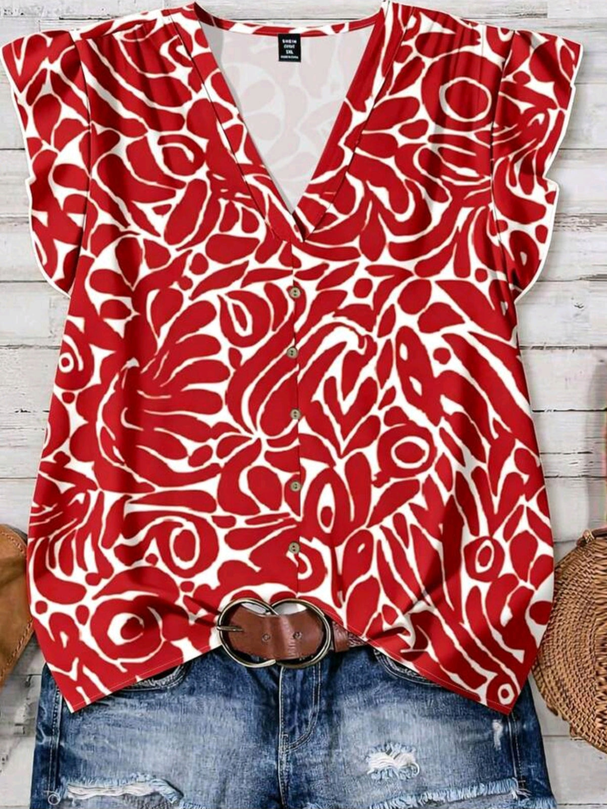 1393 V-Neck Cap Sleeve Ruffle Sleeve Blouse