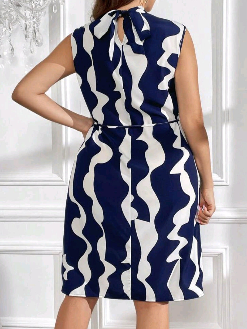 S #1482 Wave Striped Print Mock Neck Belted Dress