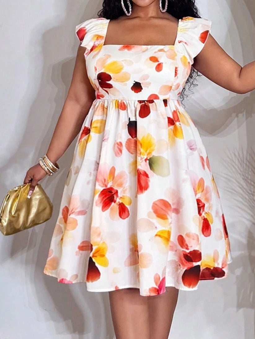 0402 Floral Square Neck Flare Sleeve A-Line Dress