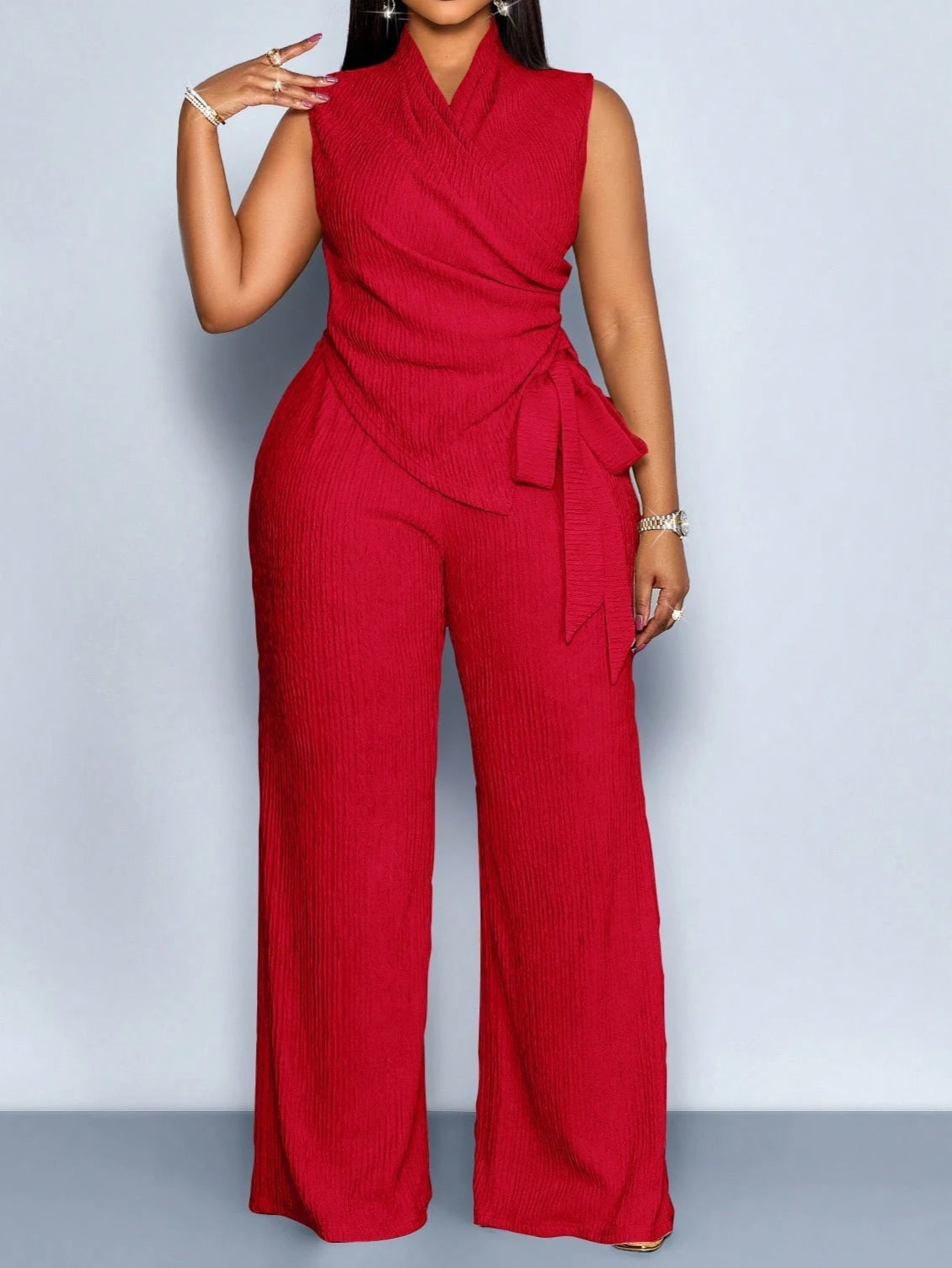 5405 Neck Wrap Belted Tie Knot Slim Shirt Tops & Wide Leg Pants