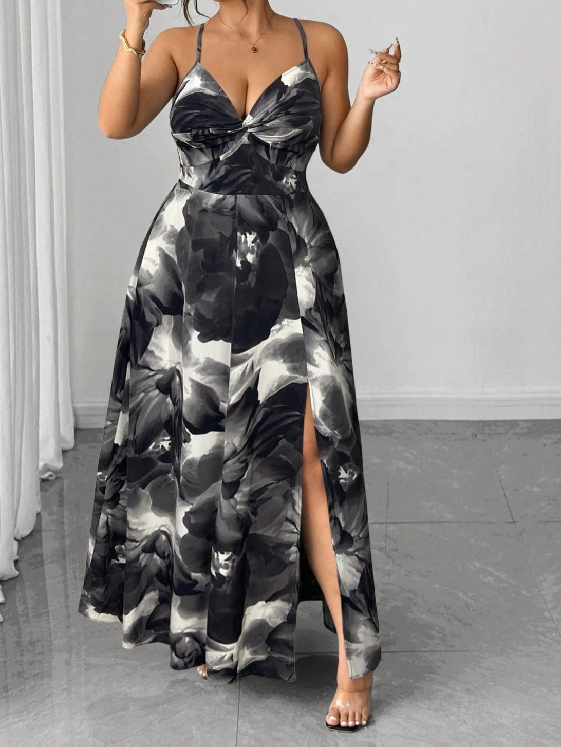 1111 Twist Front Tie Waist Design Slit Hem Dress