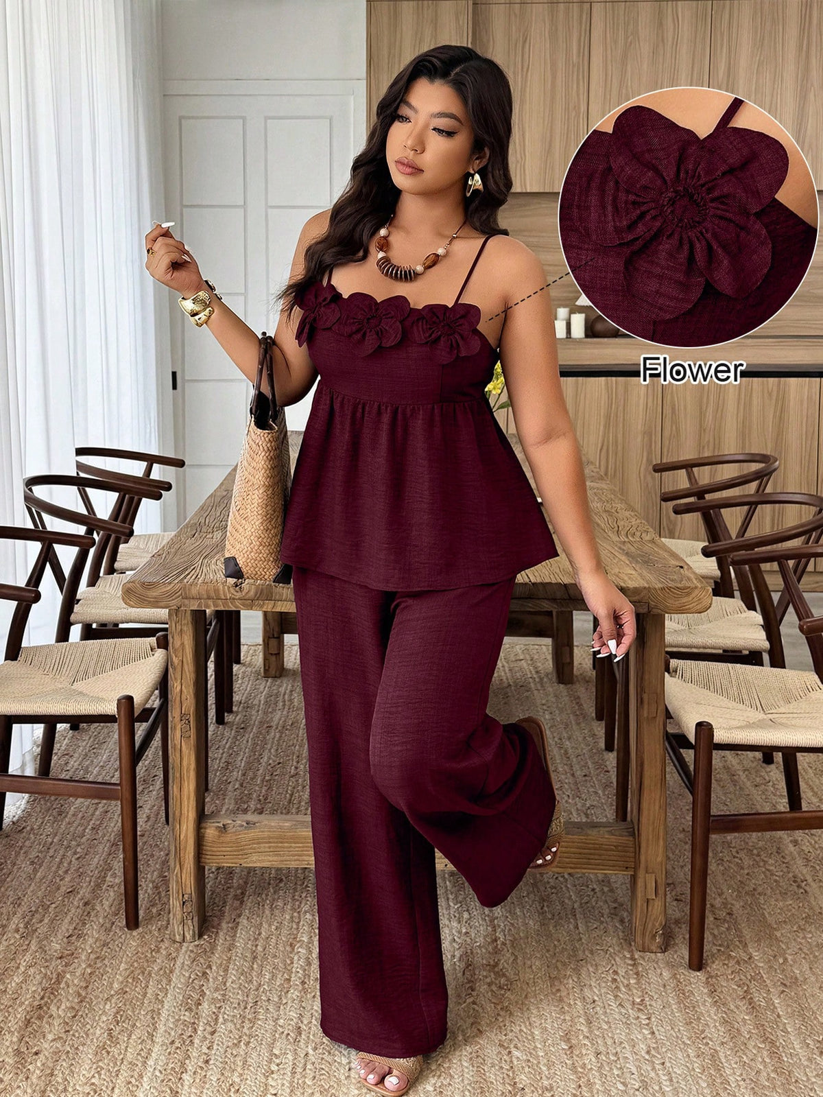4734/ 8731Camisole Top With Waist Cinching & 3D Floral Decor