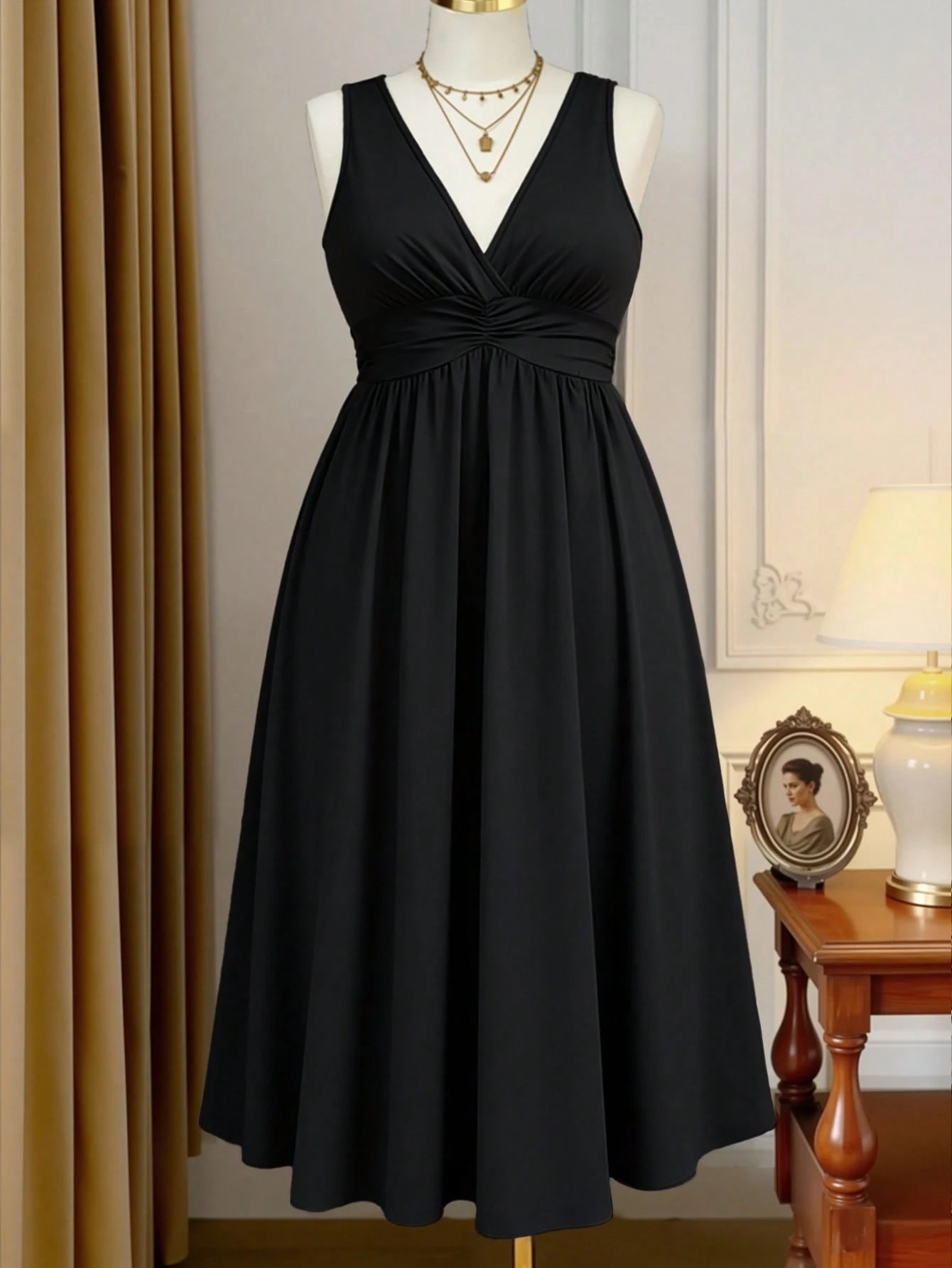 3009 V-Neck Pleated Waist Knitted Dress