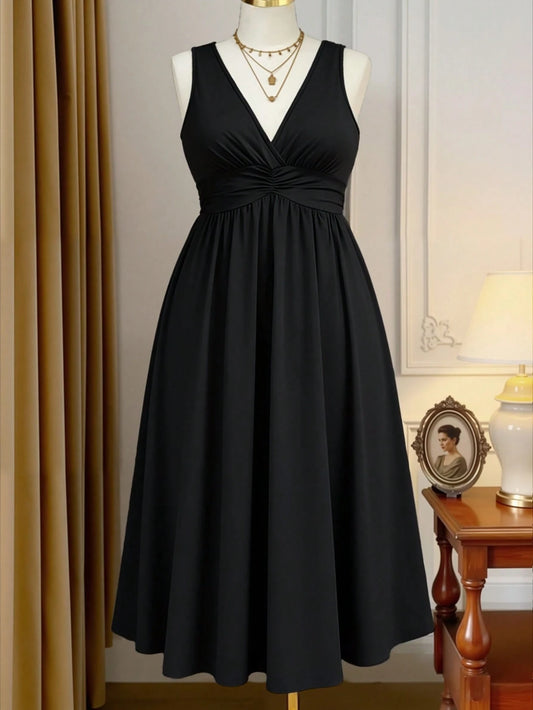 3009 V-Neck Pleated Waist Knitted Dress