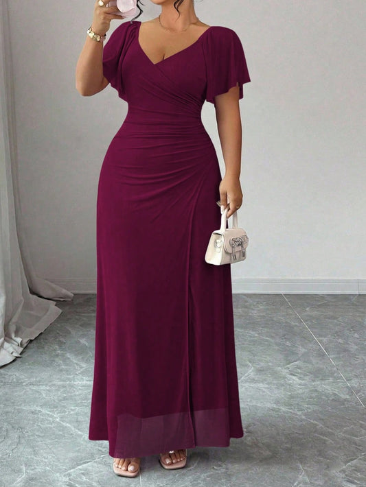 7055 V-Neck Ruffle Sleeve Waist Pleated Slit Dress