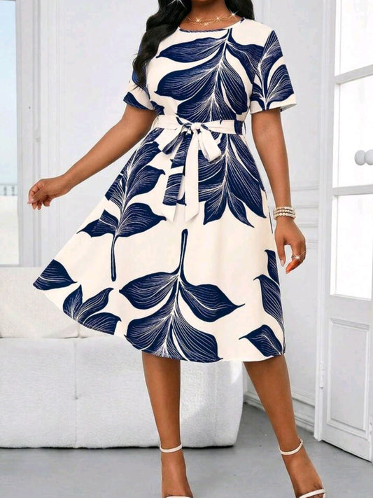 1811  Leaf Print Tie Waist Dress