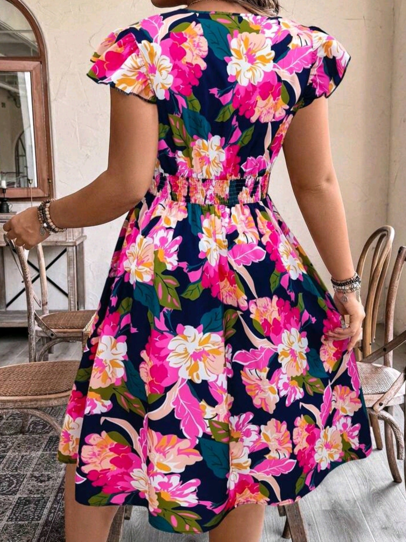 8045 Floral Print V-Neck Puff Sleeve Ruched Waist A-Line Dress