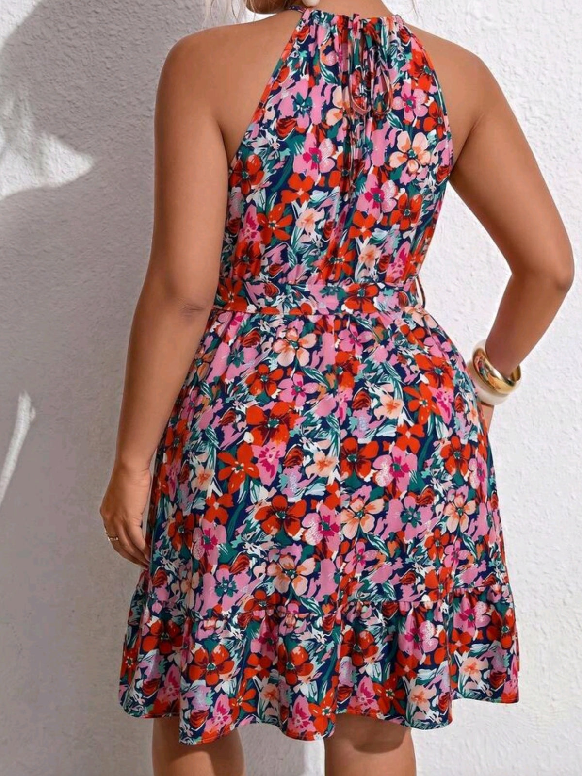 1748 Floral Print Tie Neck A Line Dress