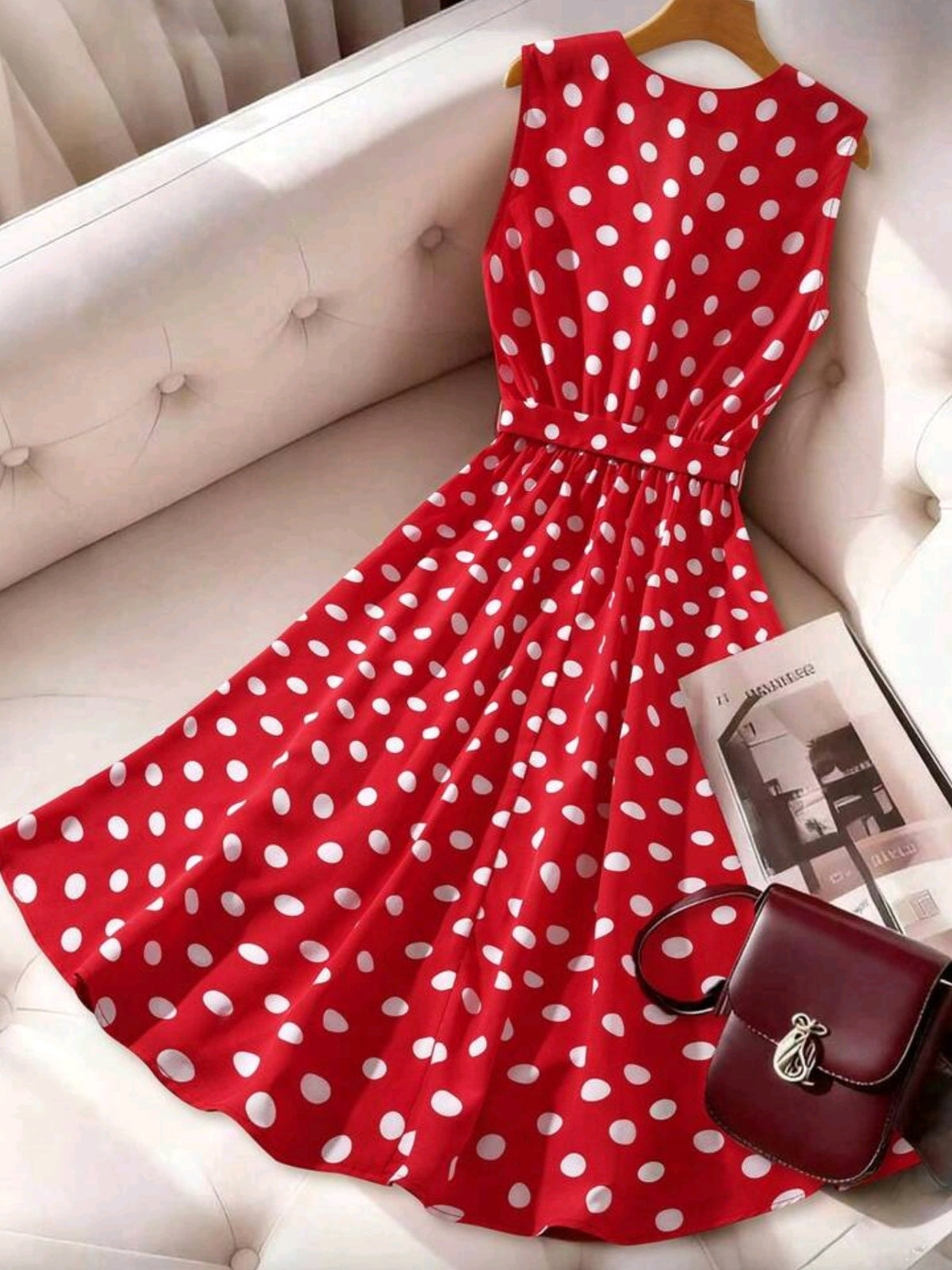 8264 Sleeveless V-Neck Polka Dot Print Cinched Waist A-Line Maxi Dress