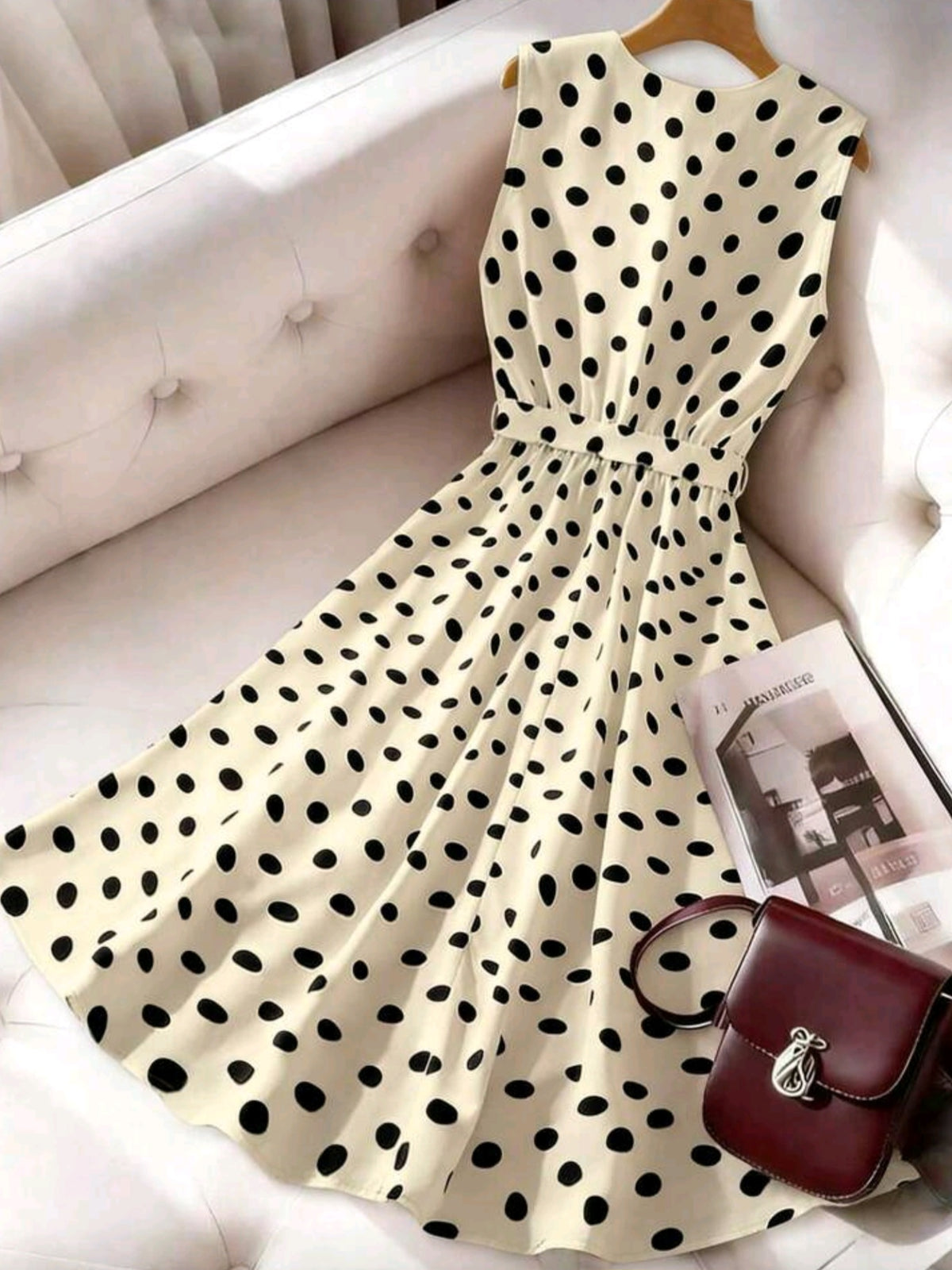 6203 V-Neck Polka Dot Print Cinched Waist A-Line Maxi Dress
