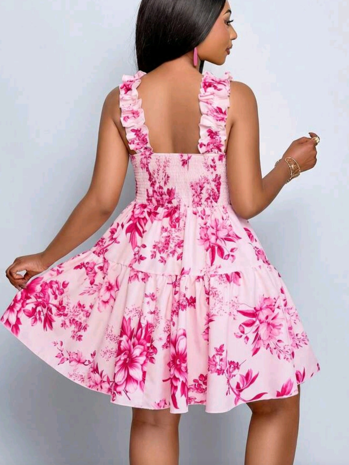 4434 V-Neck Tropical Floral Print Ruffled Layered Dress