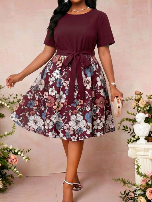 3053 Floral Print Belted Dress