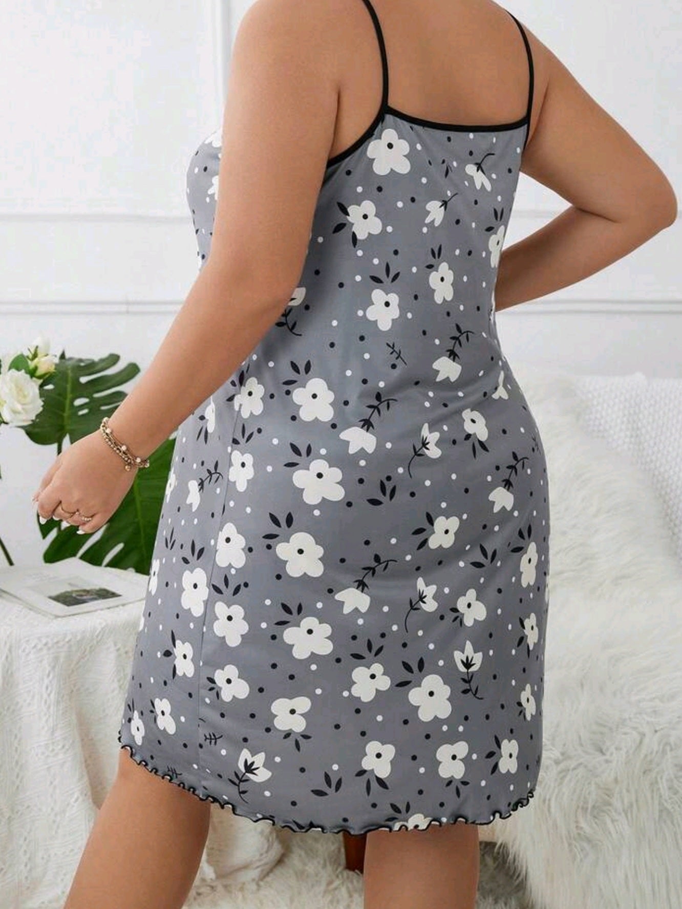 #4433 Floral Print Lettuce Trim Cami Pajama Nightdress