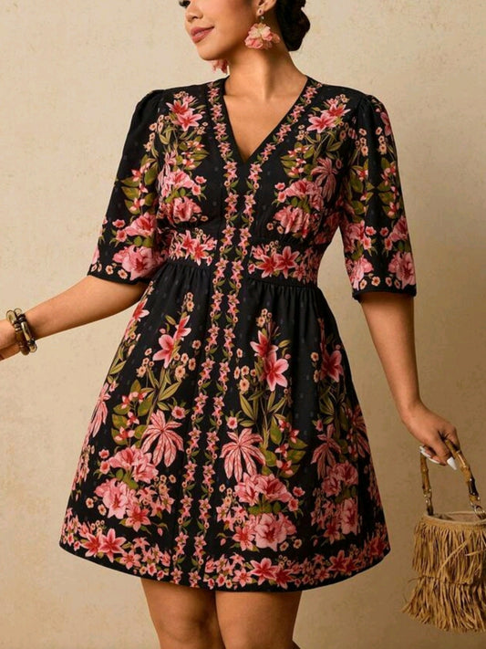 9260 / 7321 V-Neck Short Sleeve Waist Cinched Dress