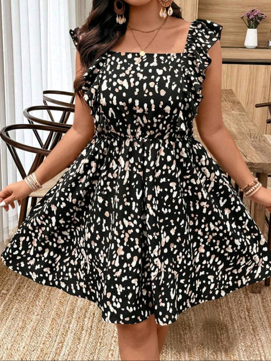 S #7342 Allover Print Ruffle Hem Dress