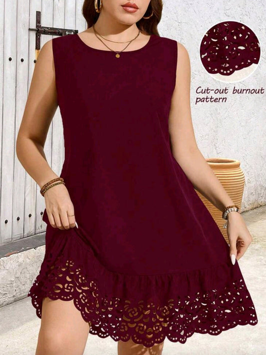 6219 Sleeveless Round Neck Hollow Eyelet Dress