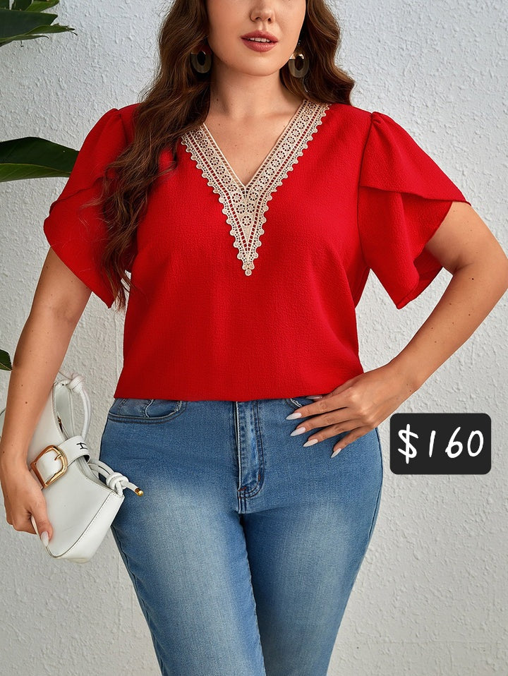 #4726 Guipure Lace Panel Petal Sleeve Blouse