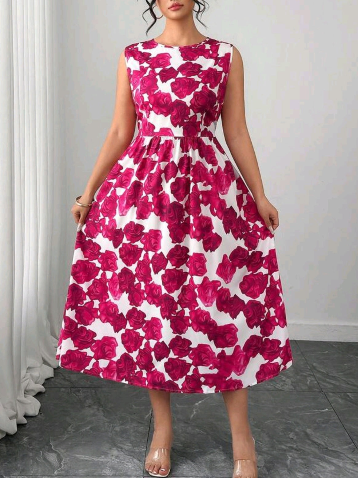 8561  Ditsy Floral Sleeveless Flared Dress