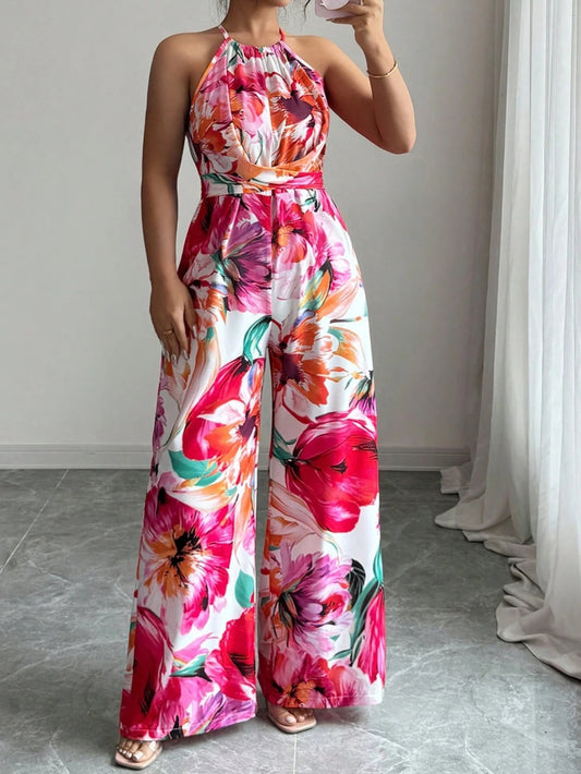 6655 Round Neck Floral Print Waist Cinched Sleeveless Wide Leg Jumpsuit